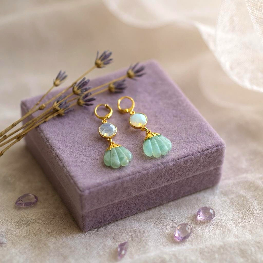 Gold-plated opalite and Amazonite shell pendant and earring set.