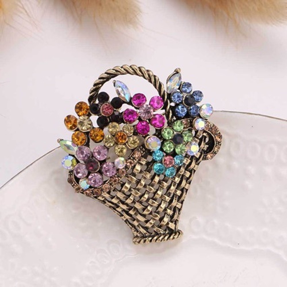 Flower Basket Bouquet Brooch Pin with Rhinestones Gold Tone Metal Vintage Style