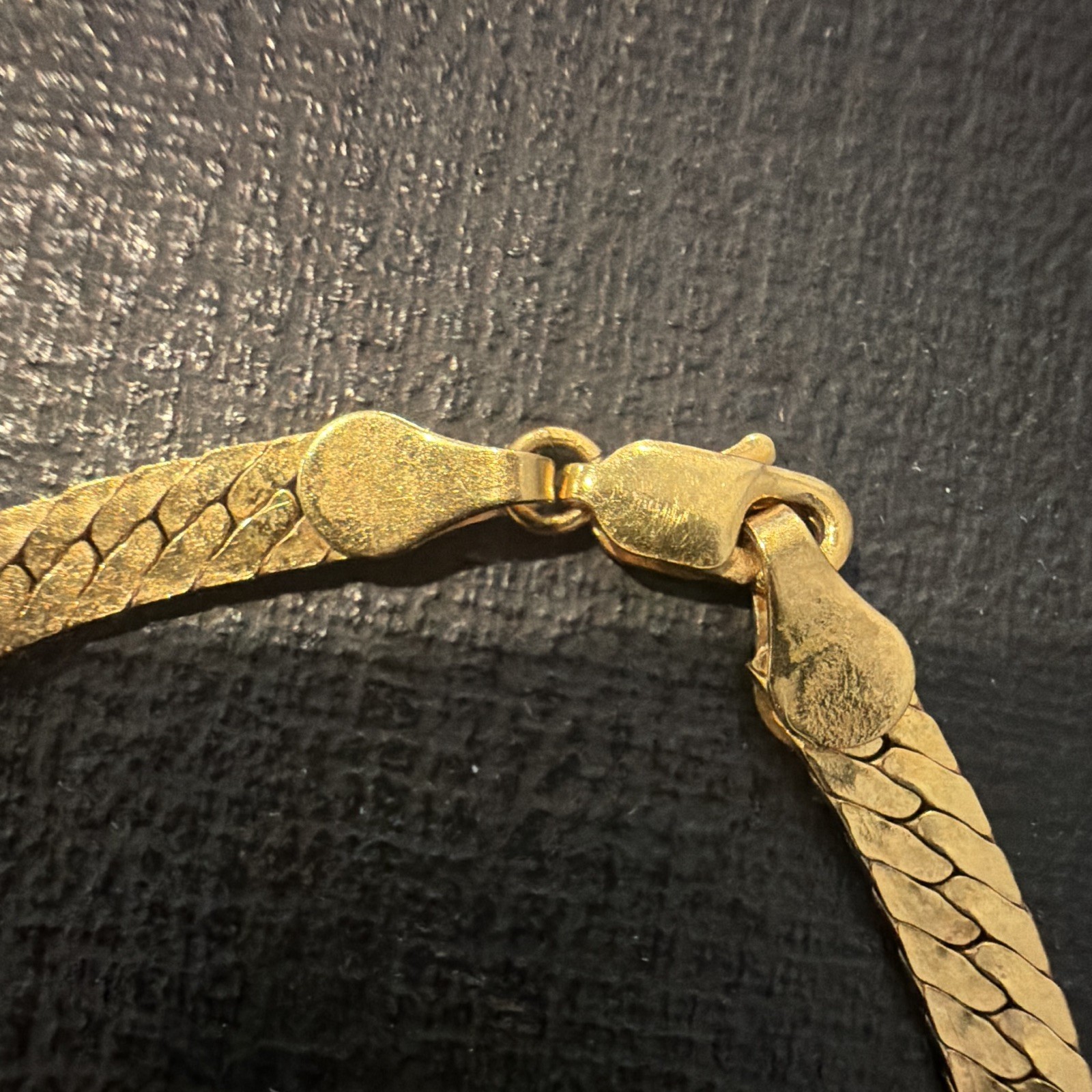 Yellow Gold chip Signed Herringbone Necklace Teardrop Clear Bezel Choker charm.