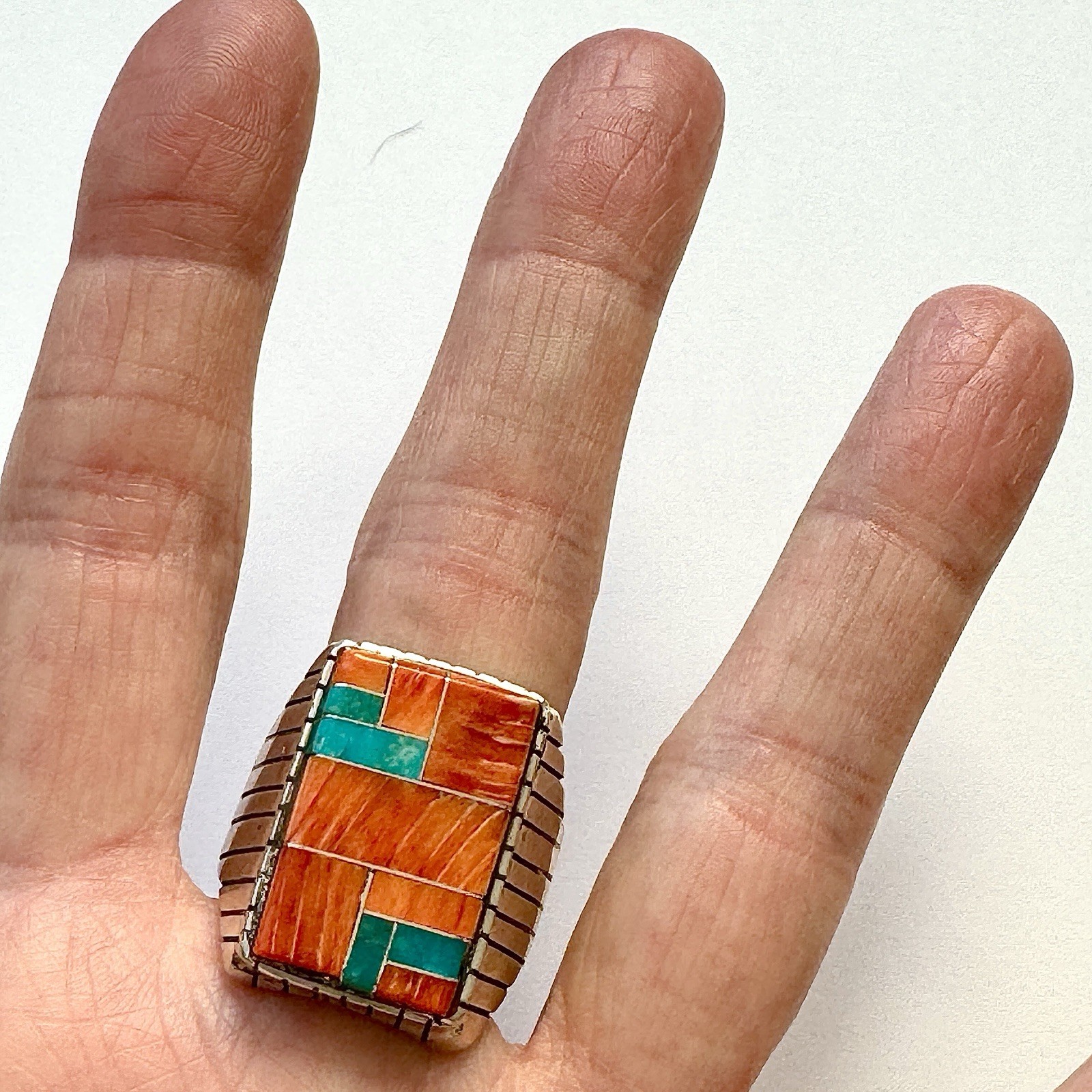 Turquoise Multi Stone Inlay Mens Ring Sz 13 Navajo Sterling Signed T Jack 22mm