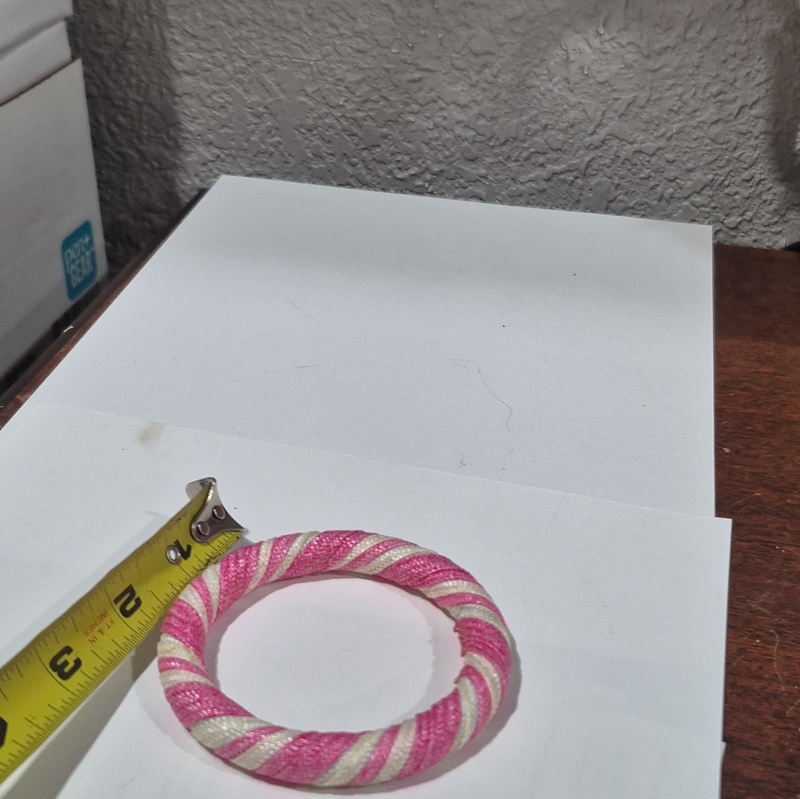 Pink & White Fabric Wrapped Bangle Bracelet, Round, No Stone, No Closure
