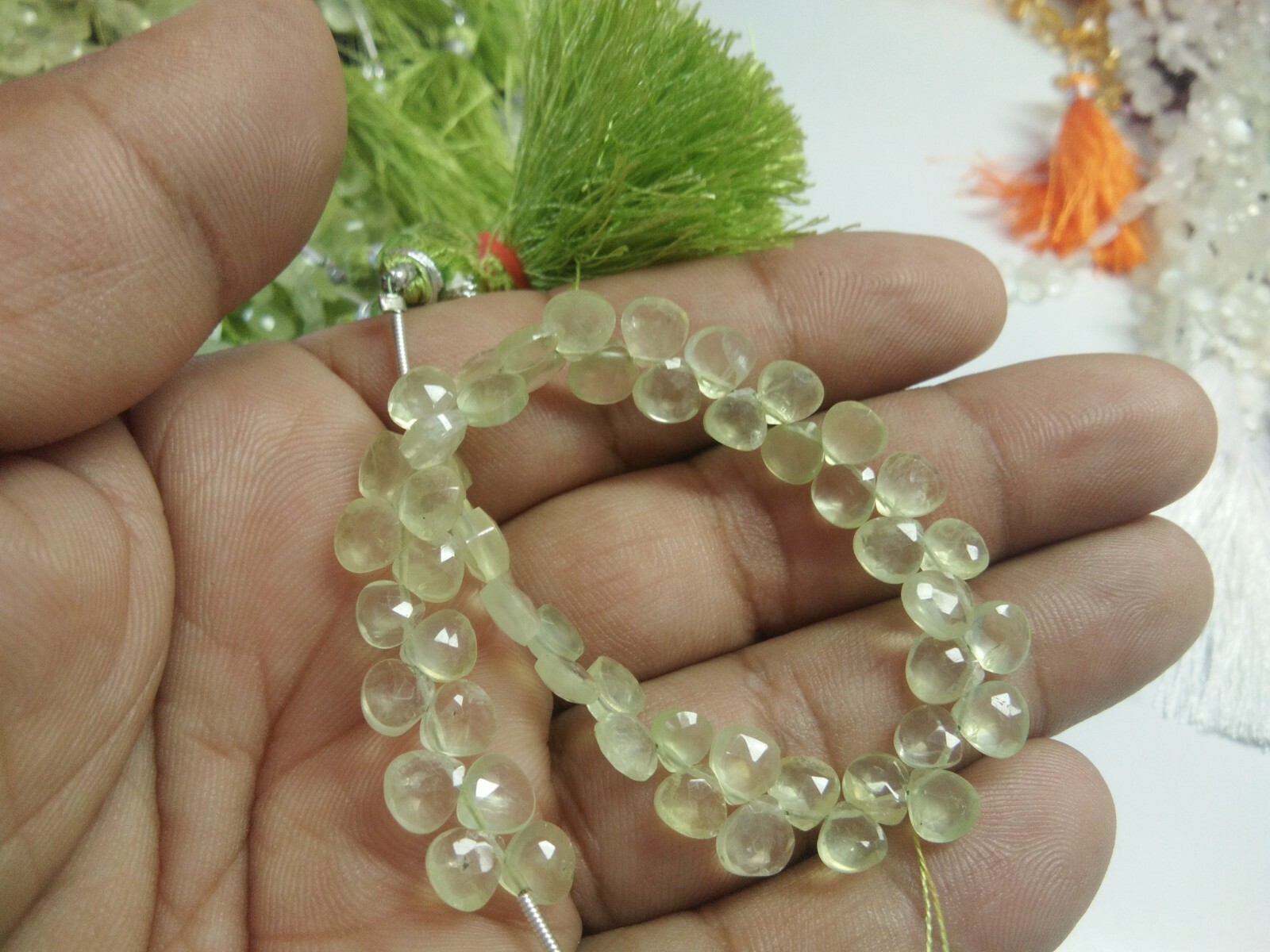 AAA PREHNITE GEMSTONE HEART BRIOLLETE FACETED 7-7.5 MM BEADS 7″ STRANDS