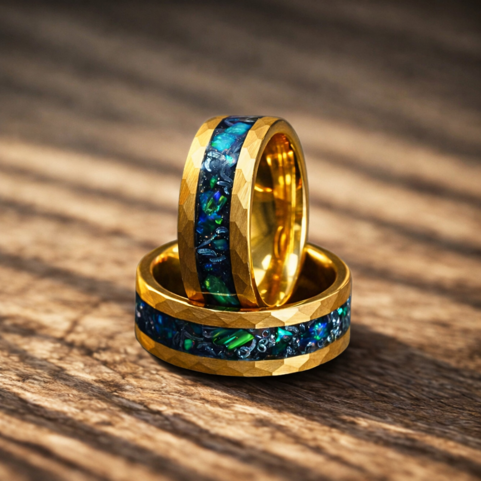 Men’s Hammered Gold Tungsten Wedding Band – Green Opal Meteorite Inlay, 8mm Band
