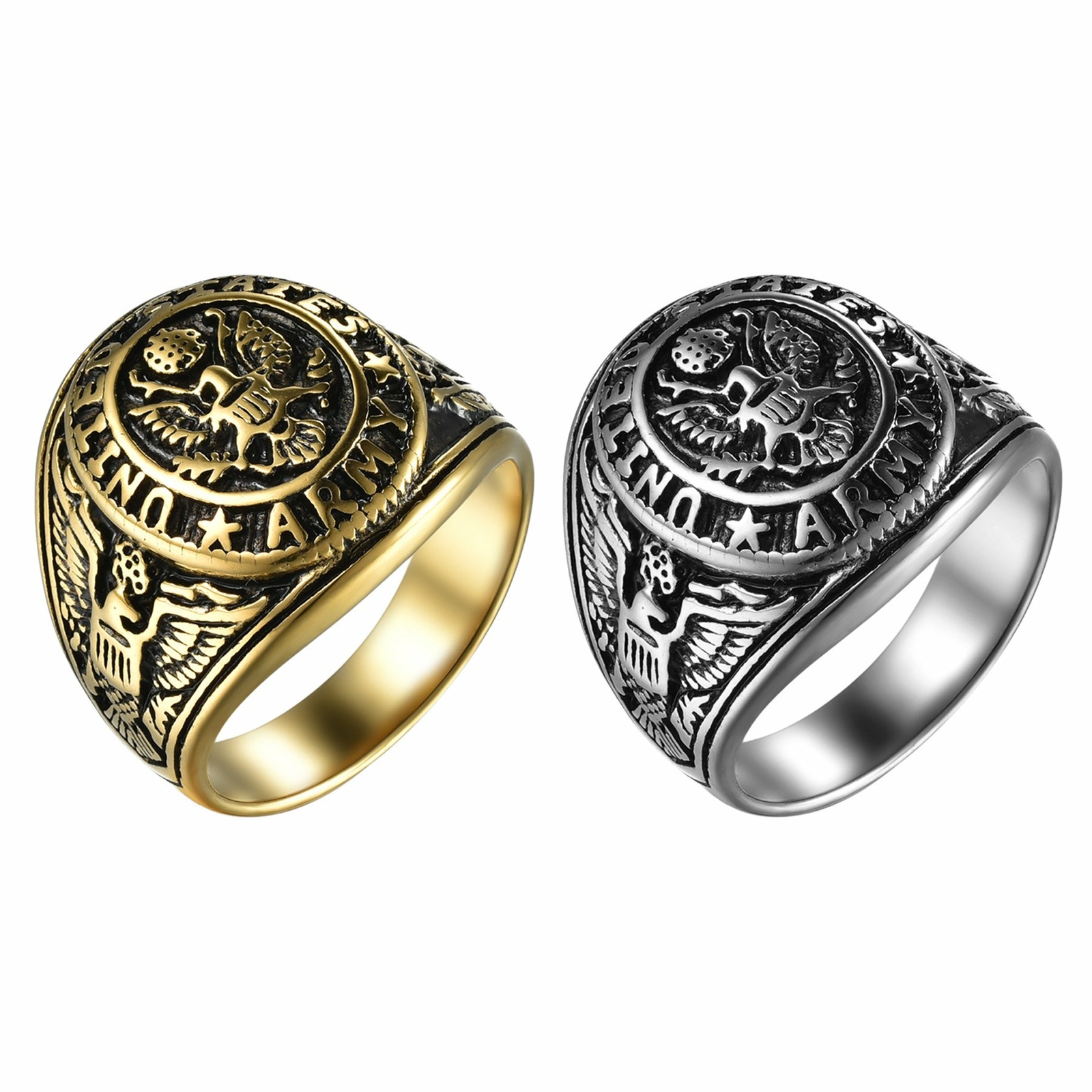 Stainless Steel Gold Plated Eagle US Army Ring Army Seal Biker Band for Men