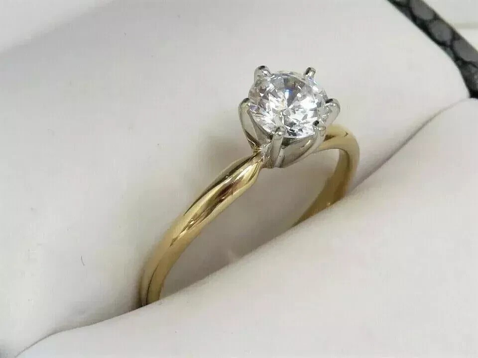 Real Moissanite 1Ct Round Cut Solitaire Engagement Ring 14K Yellow Gold Plated