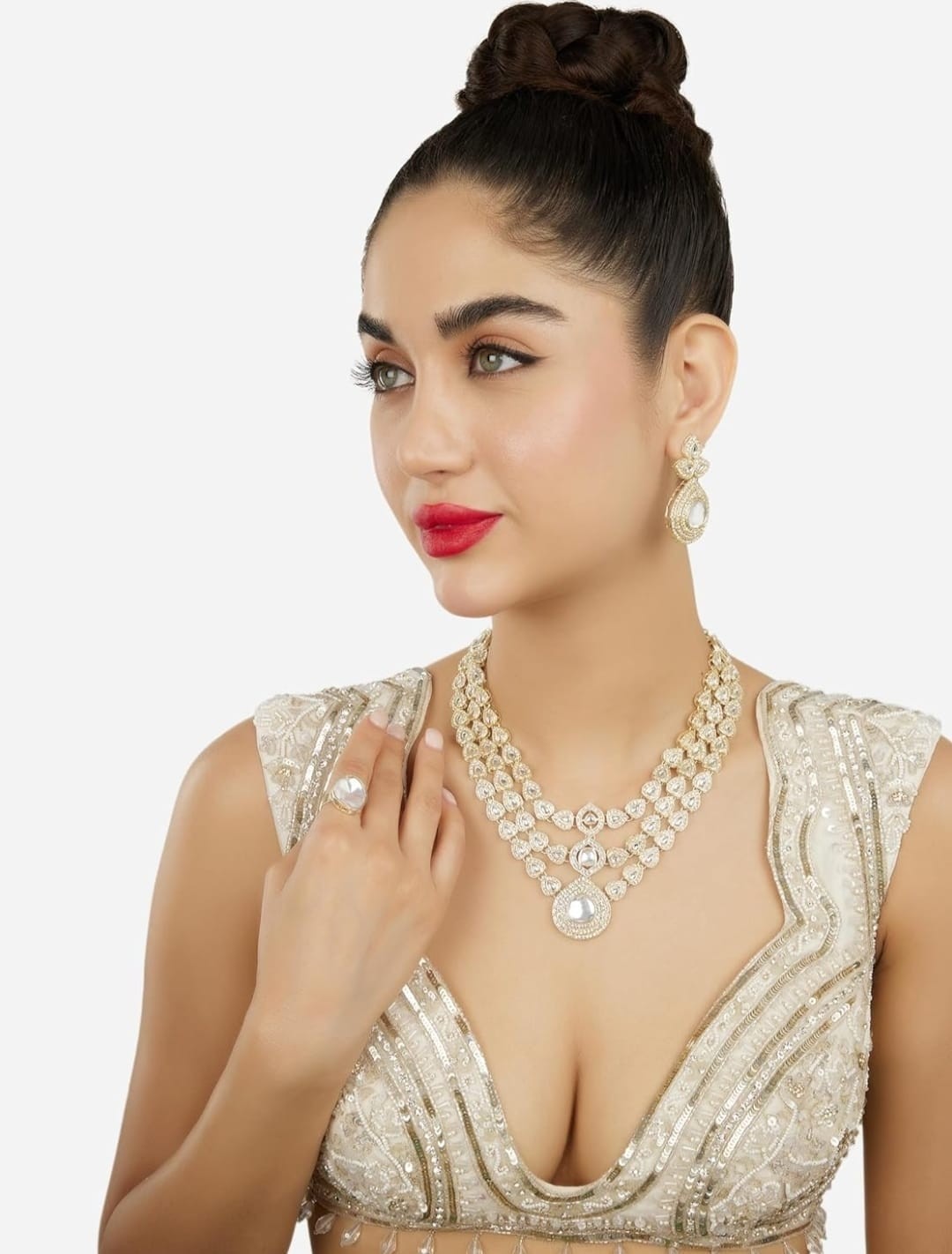 Indian bollywood gold plated created pearl and beads necklace set for women