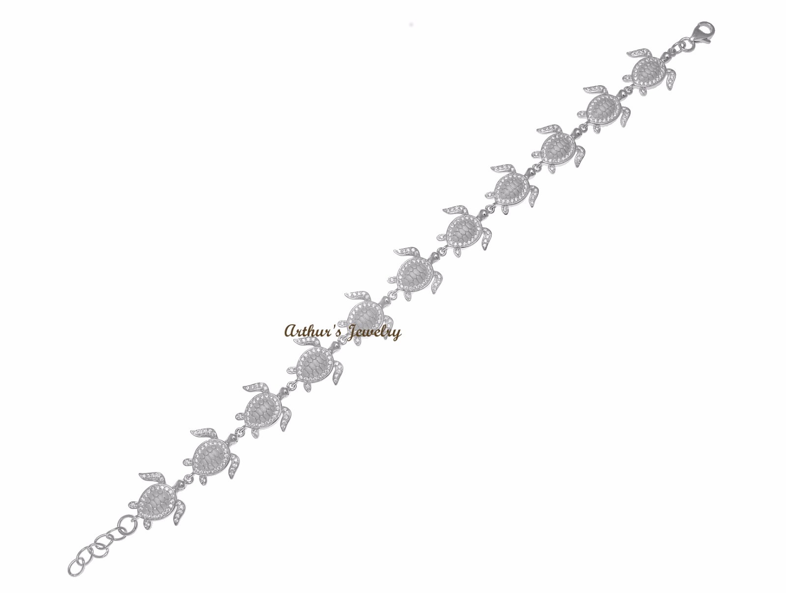SOLID 925 STERLING SILVER HAWAIIAN SEA TURTLE LINK BRACELET CZ RHODIUM 7.5 INCH