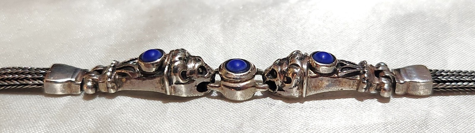 Sterling Silver Lapis Lazuli 3 Stone 4mm Wheat Chain 7 In Bracelet Signed OA 925