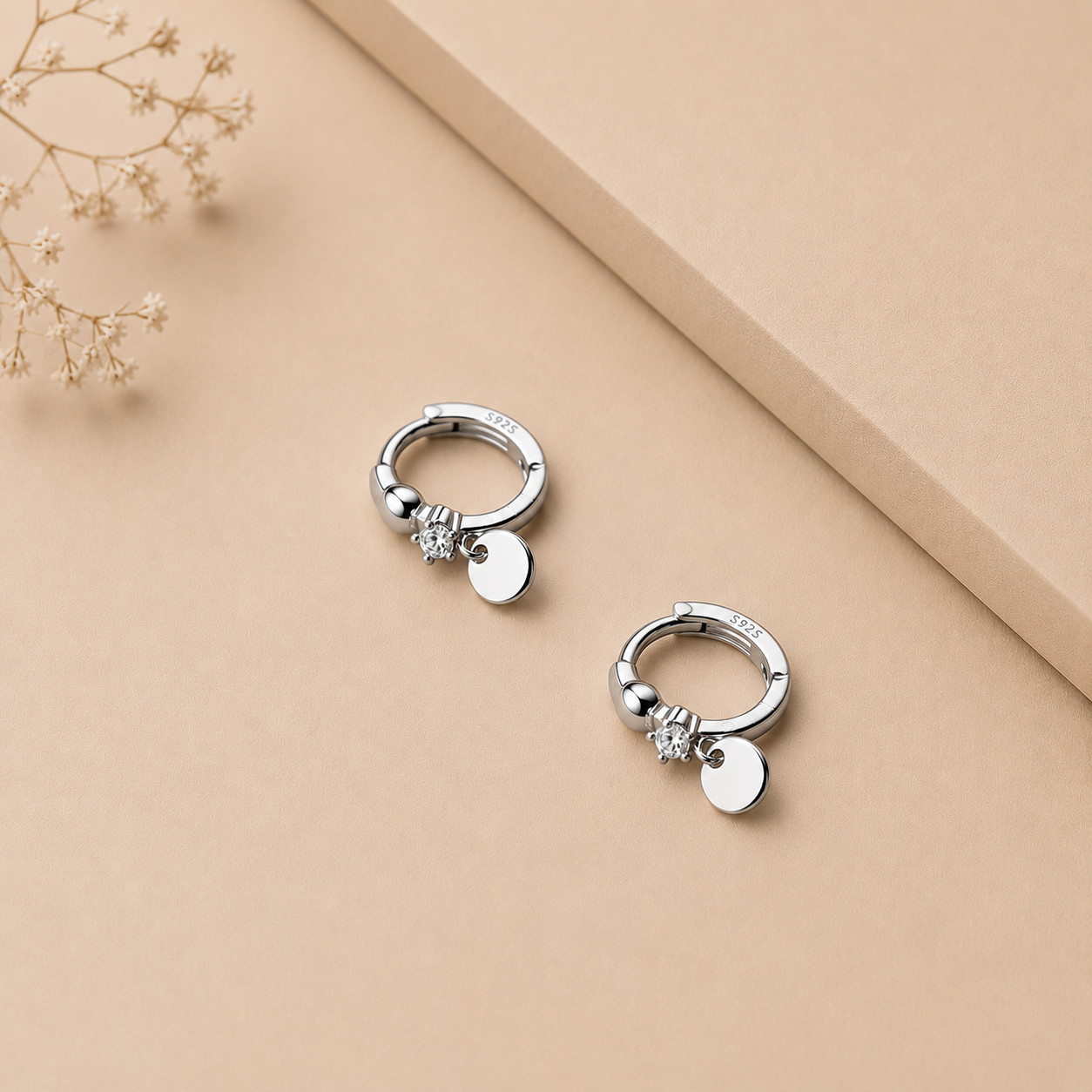 925 Sterling Silver Hoop Earrings CZ Disc Dangle Huggie for Women 1.4cm