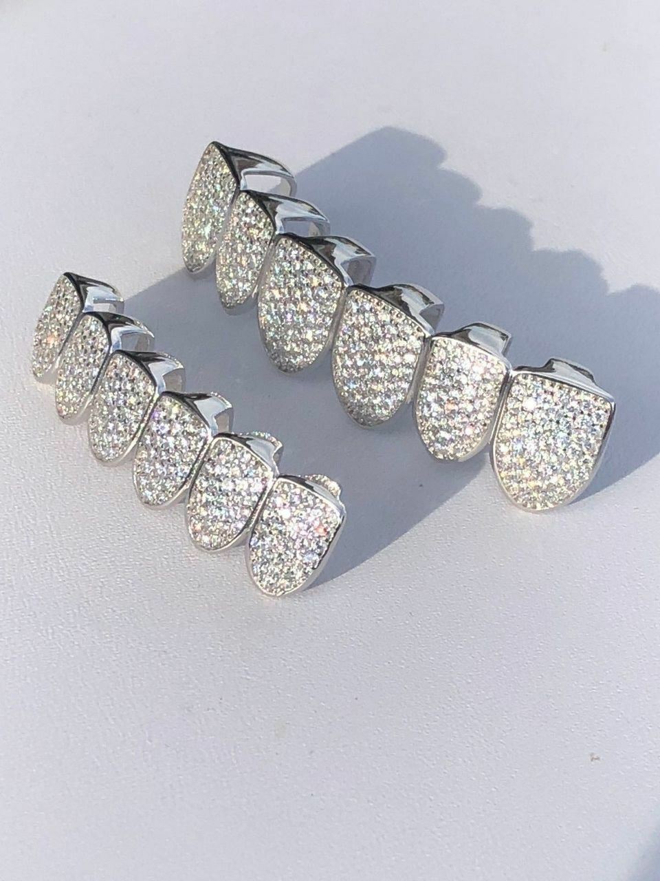 SOLID 925 Silver Simulated Diamonds Custom GRILLZ Teeth Top Bottom Set HipHop CZ