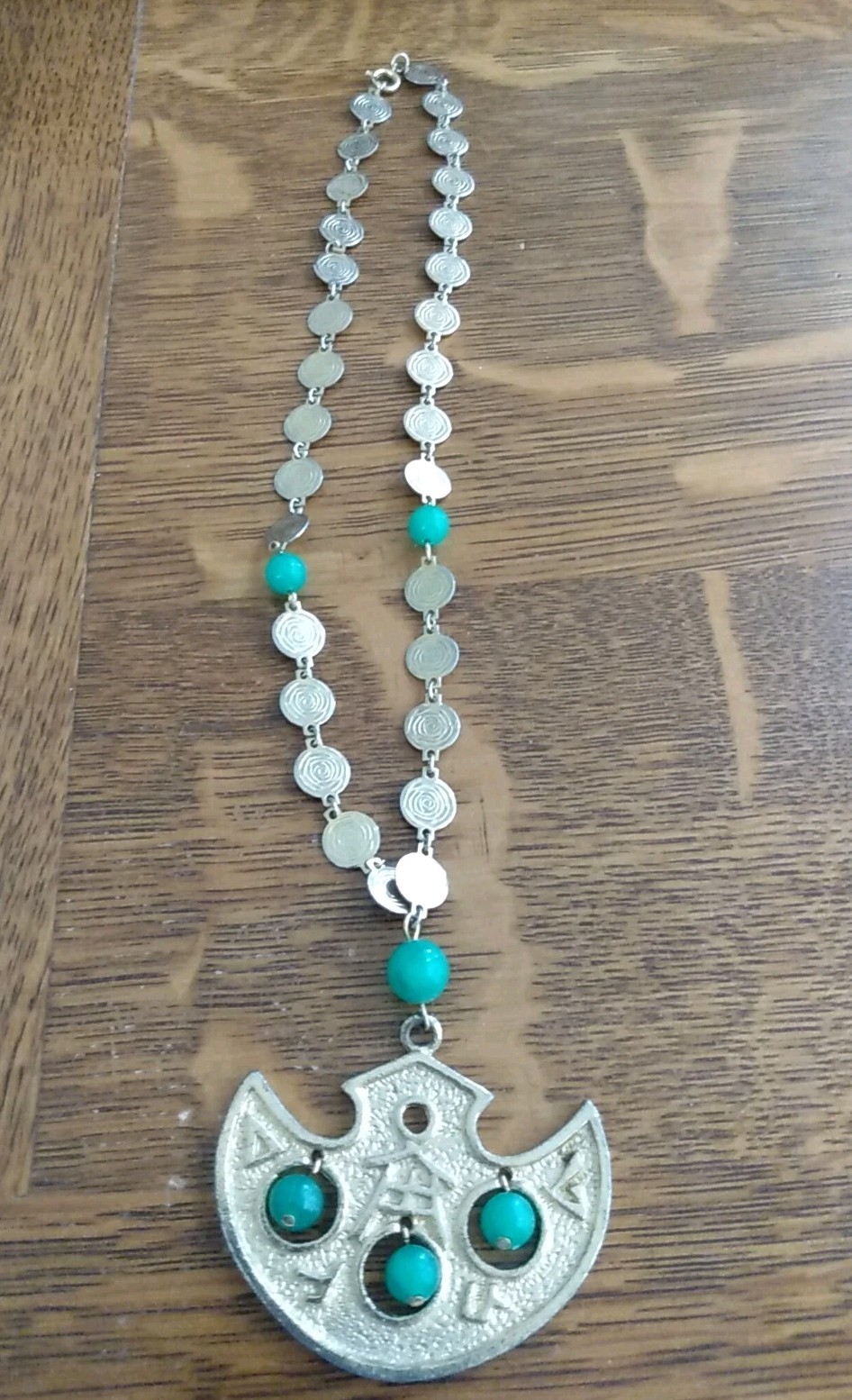 Vintage signed LJM Asian Theme Chain & Pendant With Green Glass Balls