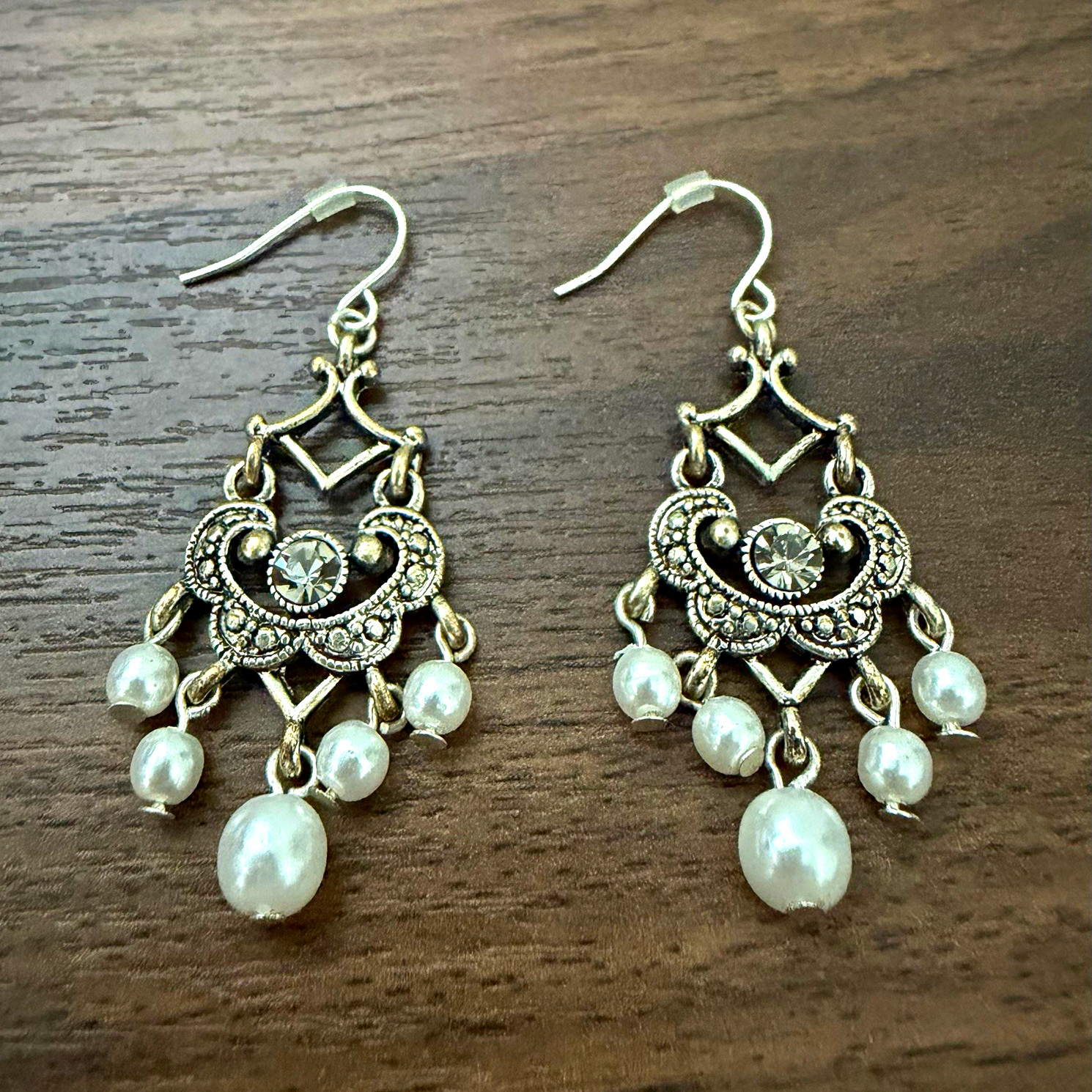 Vintage Antique Silvertone Chandelier Earrings Faux Pearl Rhinestone Drop Boho