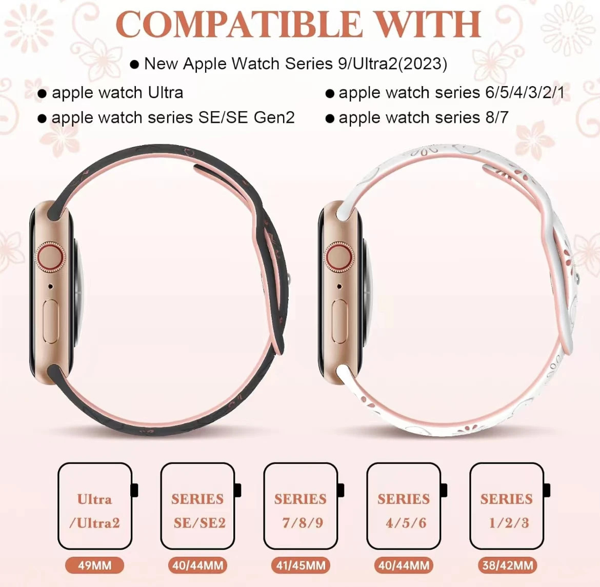 Engraved Floral Strap For Apple Watch Band 49mm 45mm 44mm 41mm Apple Watch strap