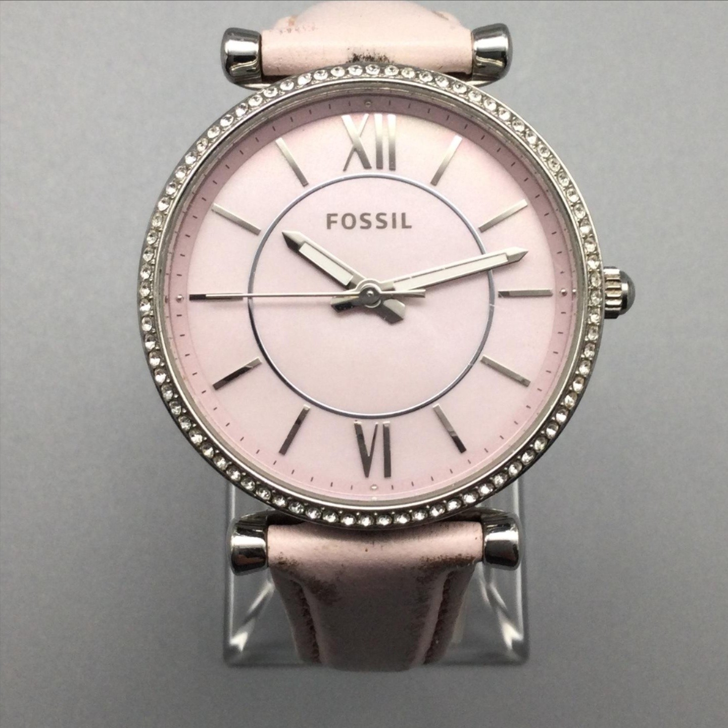 Fossil ES4347 Womens Watch 35mm Pink Dial Crystal Bezel Leather 30M New Battery