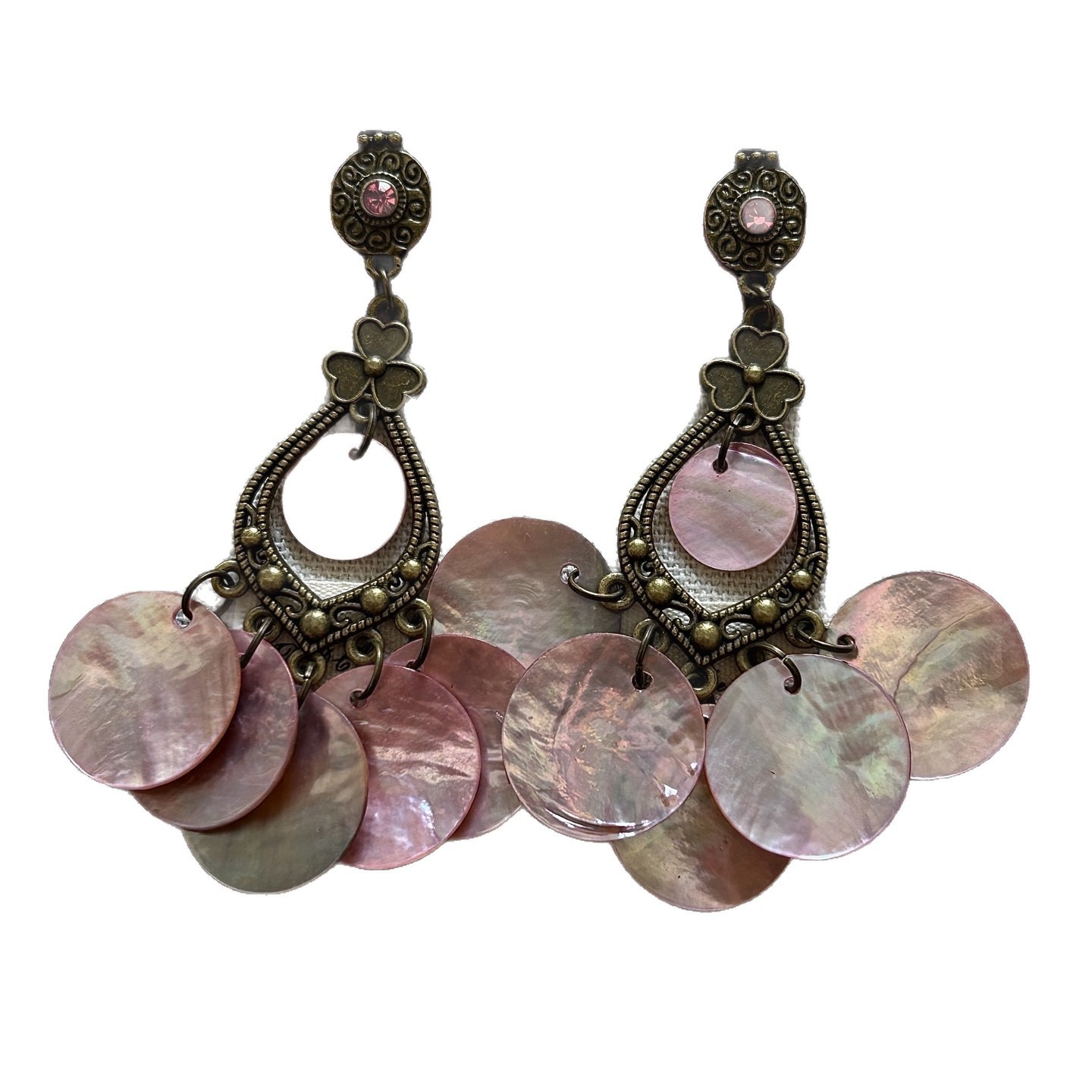 Pink Shell Drop Earrings Antique Bronze Rhinestone Tiered Disc Dangle Jewelry