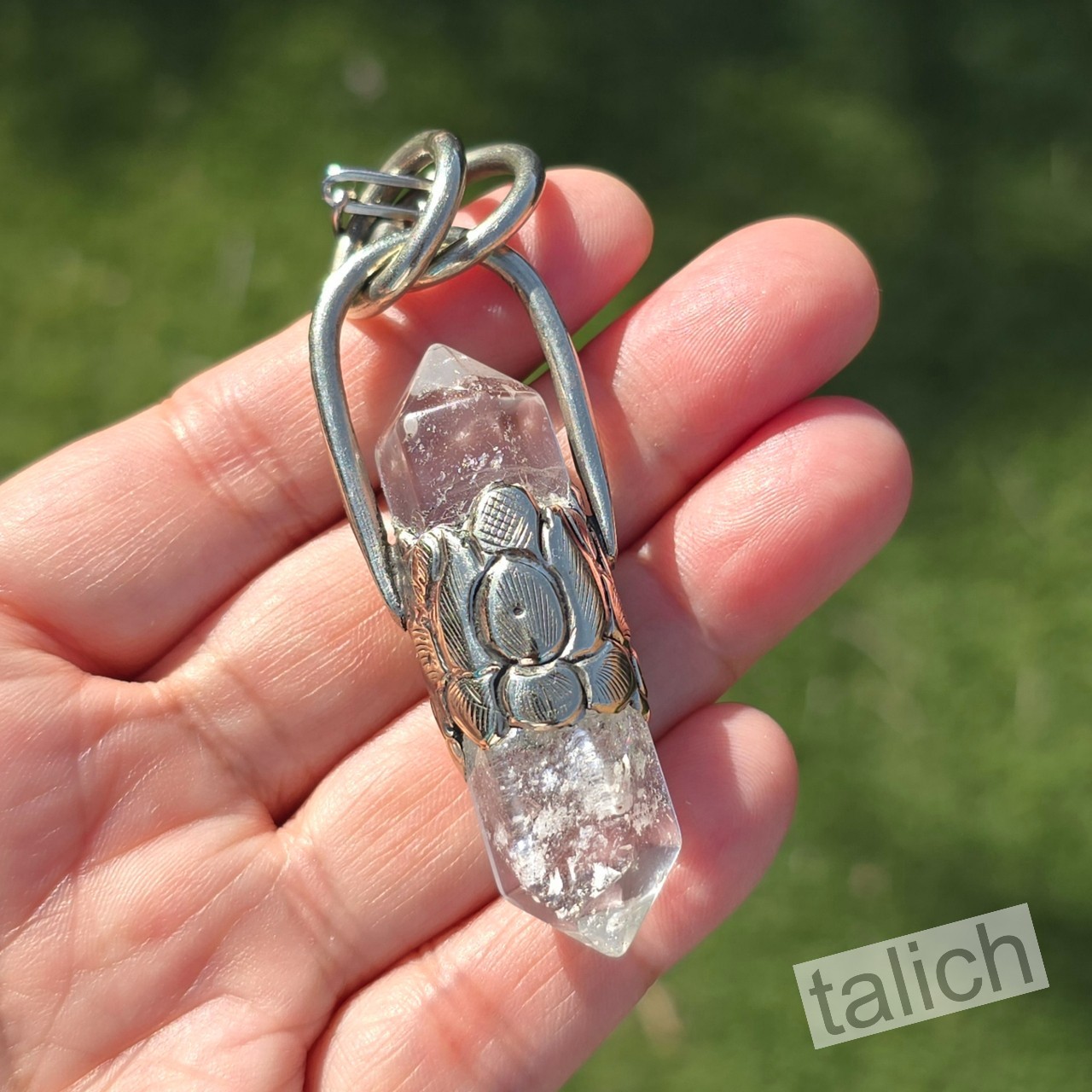 Double Point Rock Crystal Point Floral Tibetan Silver Pendant Long Necklace Chic