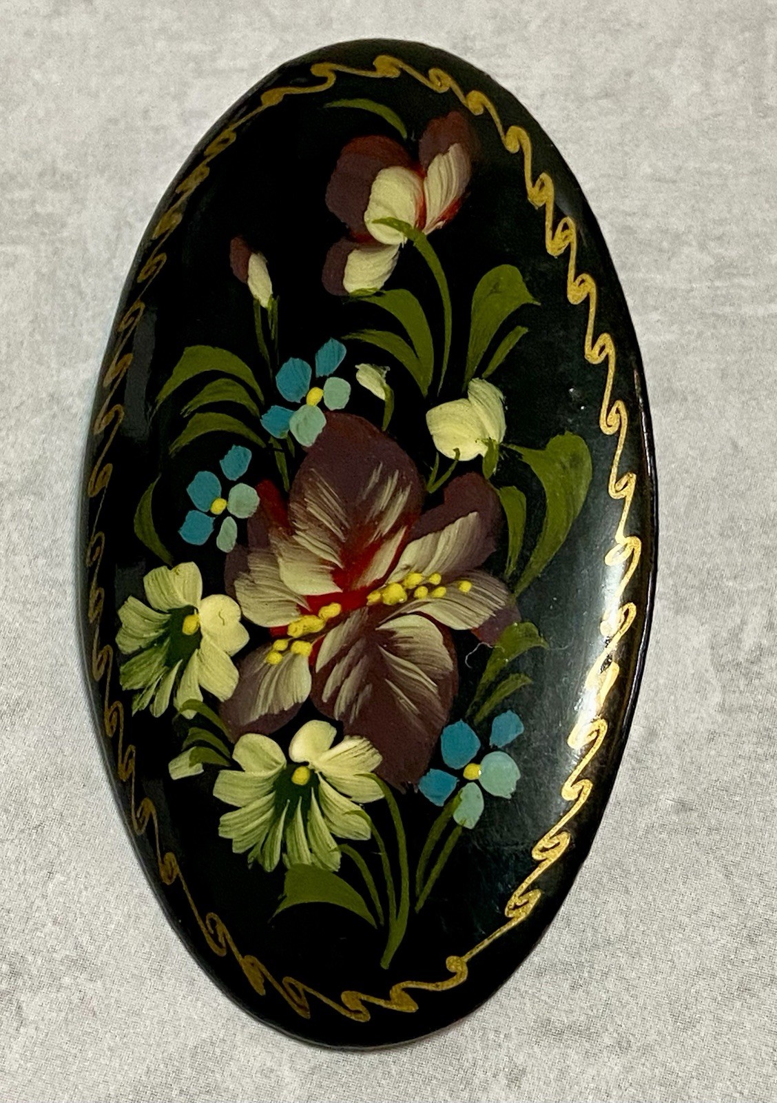 Vintage Russian Brooch Hand Painted Black Lacquer Floral Pin Signed 2.25″