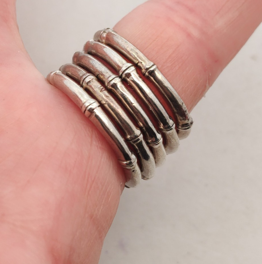 Lot of 5 Sterling Silver Narrow Stacking Bands Rings Matching Bamboo Designs
