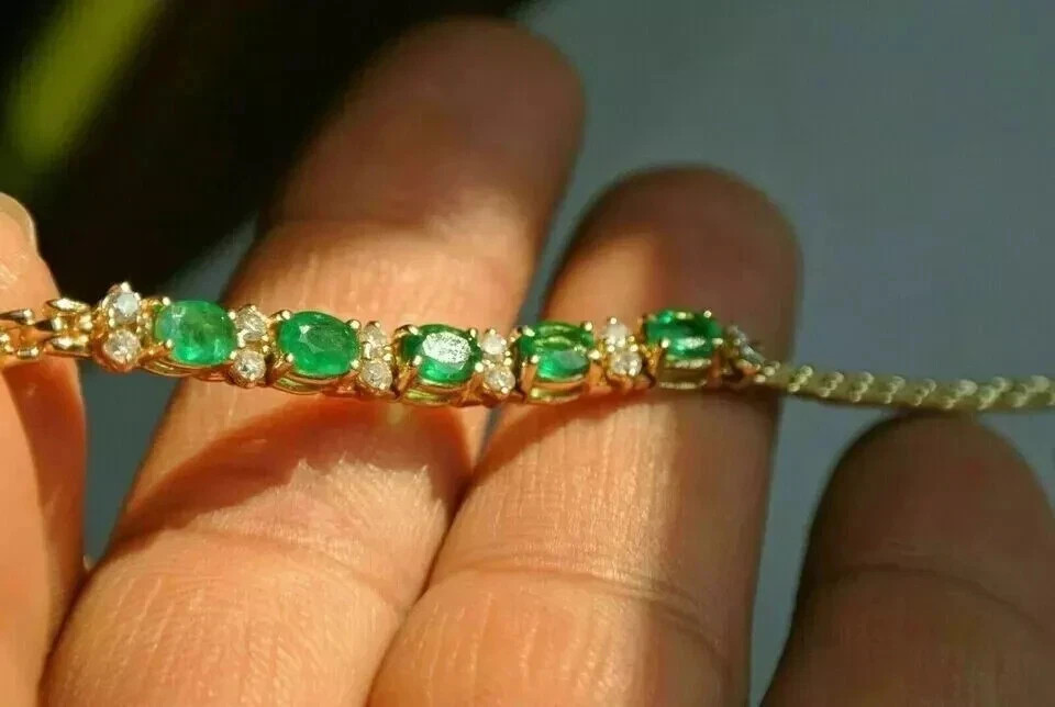 4.00 Ct Oval Cut Natural Emerald Tennis Bracelet 14K Solid Yellow Gold