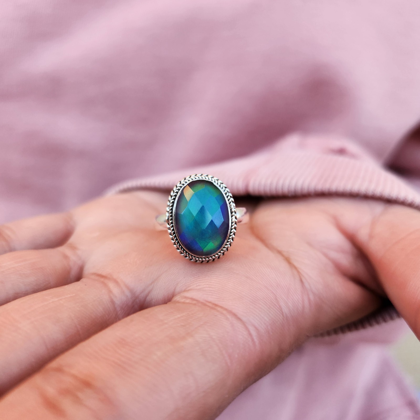Aurora Opal Ring Aurora Borealis Ring 925 Sterling Silver Northern Light Ring