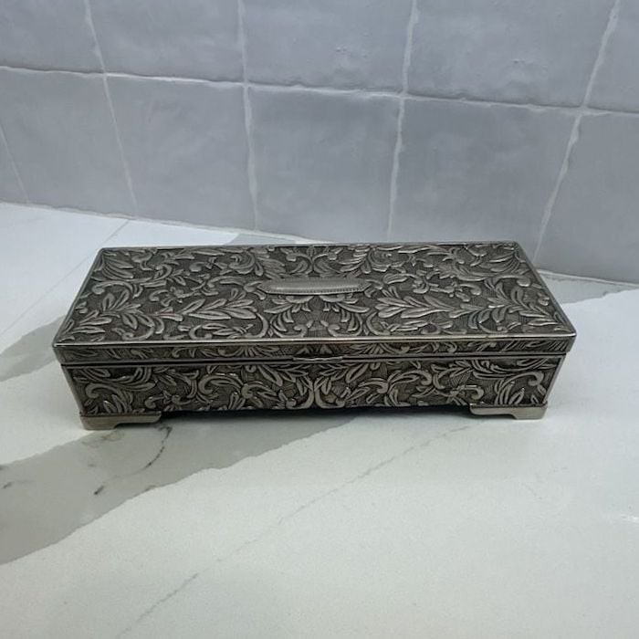 Vintage Godinger Silver Plated Ornate Embossed Jewelry Box with Mirror