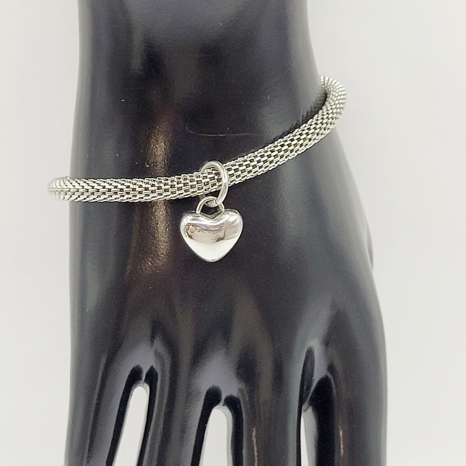 Puffy Heart Polished Charm Dangle on Silver Tone Stainless Mesh Bracelet 7 Inch