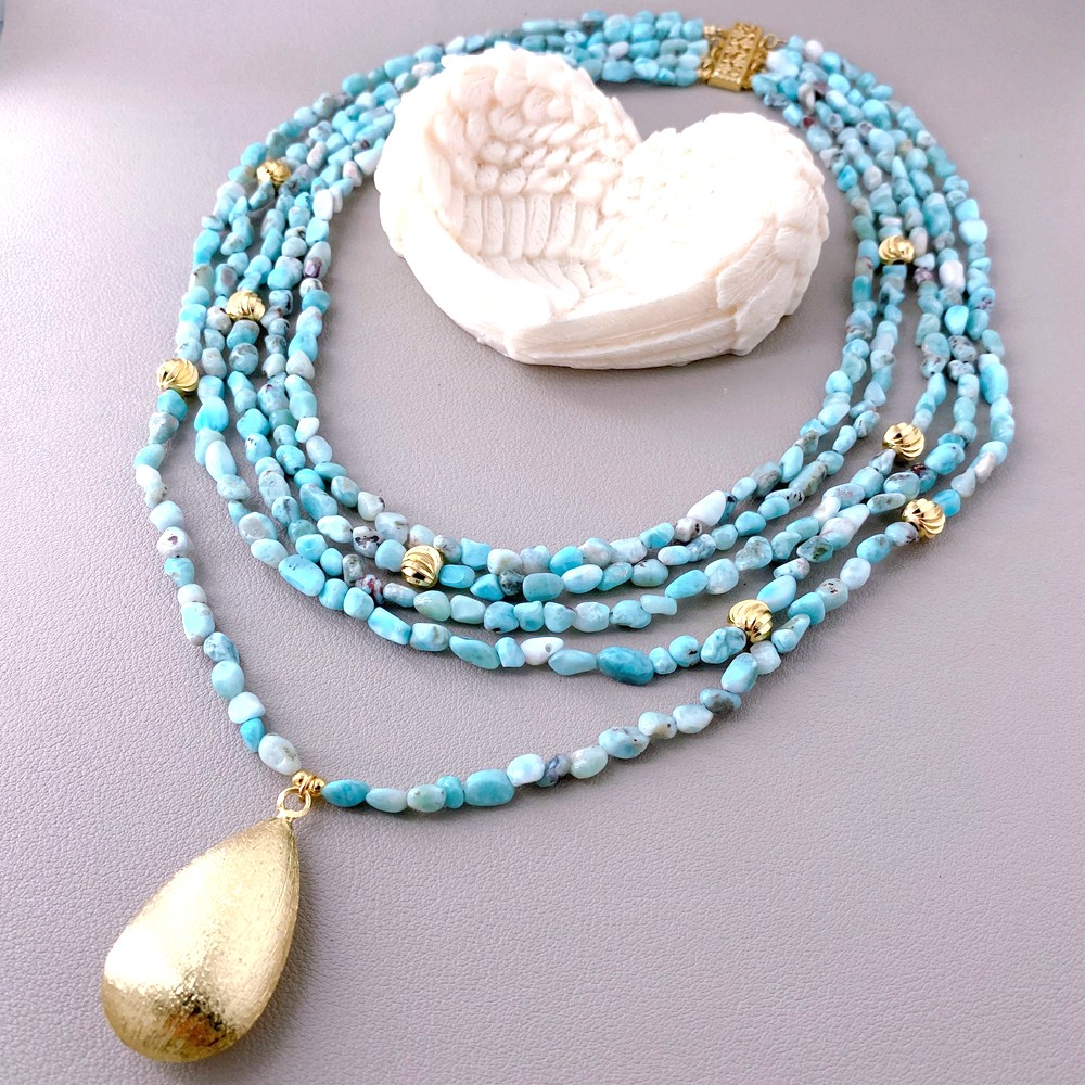 5 Strands Natural Blue Larimar Beads Teardrop Pendant Layered Necklace