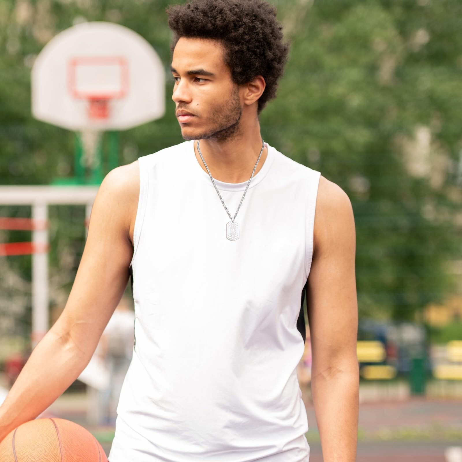 Basketball Initial Necklace for Men Dog Tag Stainless Steel Sliver/Black/Gold…