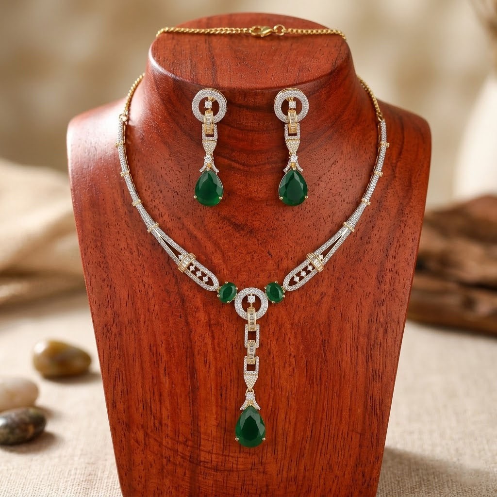 Emerald Green Crystal Pendant Necklace Earrings Set Gold Plated Bridal Jewelry