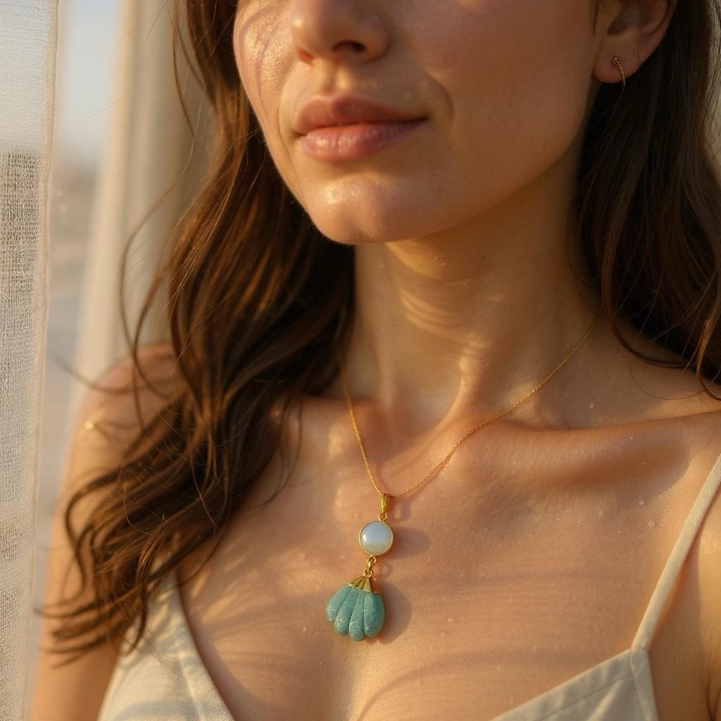 Gold-plated opalite and Amazonite shell pendant and earring set.