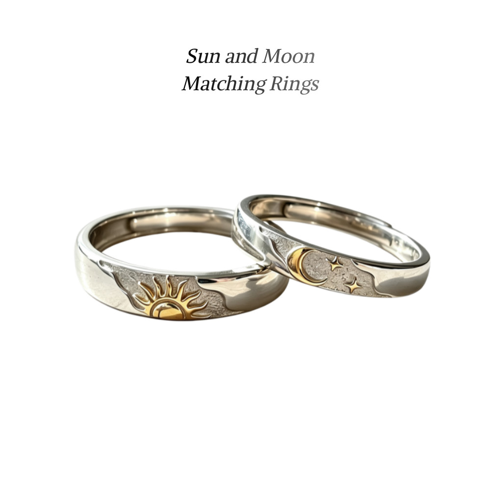 Adjustable Matching Wedding Bands Couple Promise Ring Set Sun Moon Star