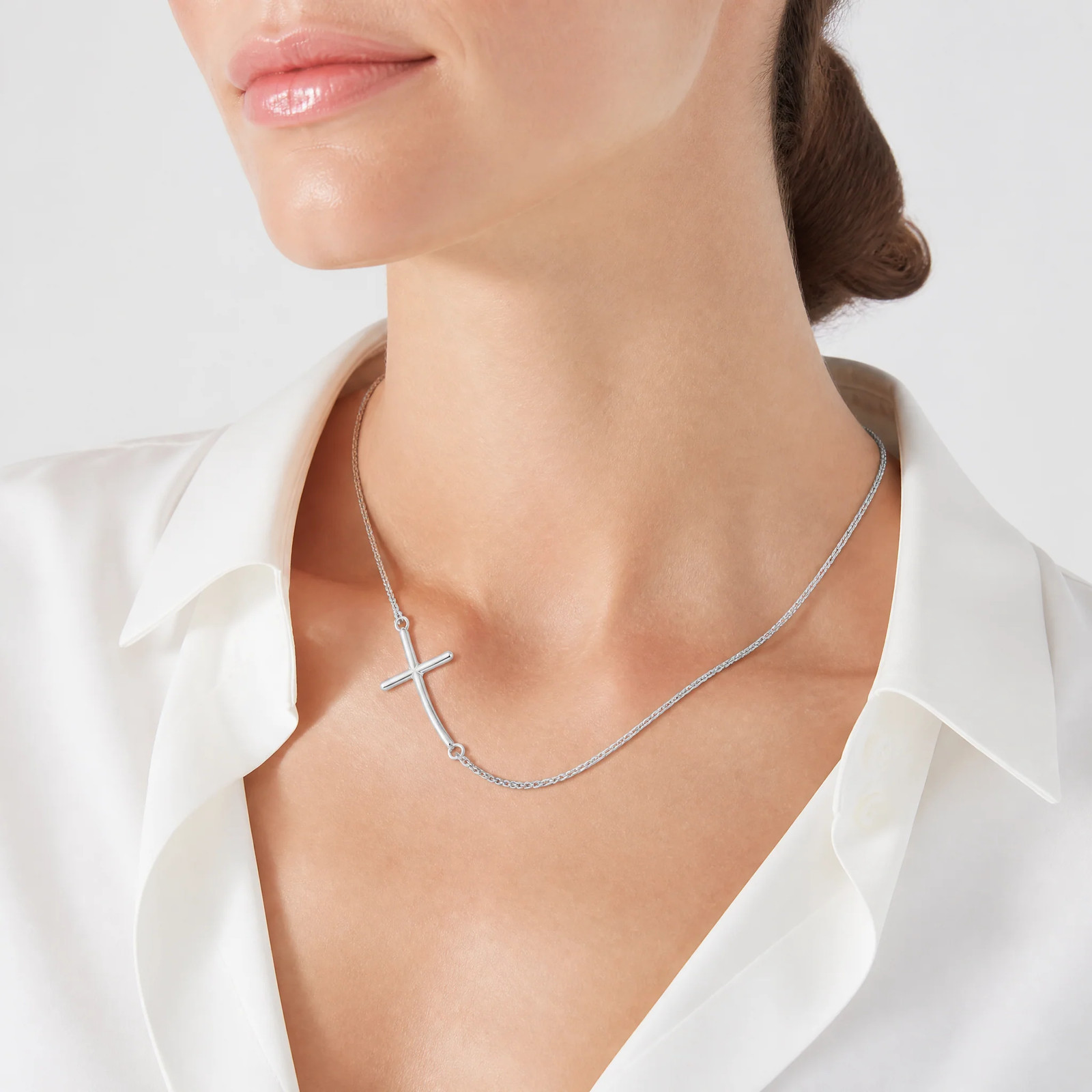 Sterling Silver Rh-Plated Large Off-Set Sideways Curved Cross Necklace