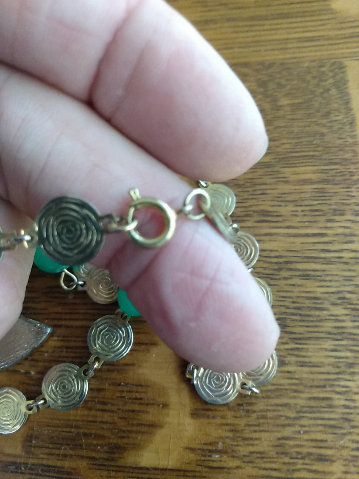 Vintage signed LJM Asian Theme Chain & Pendant With Green Glass Balls