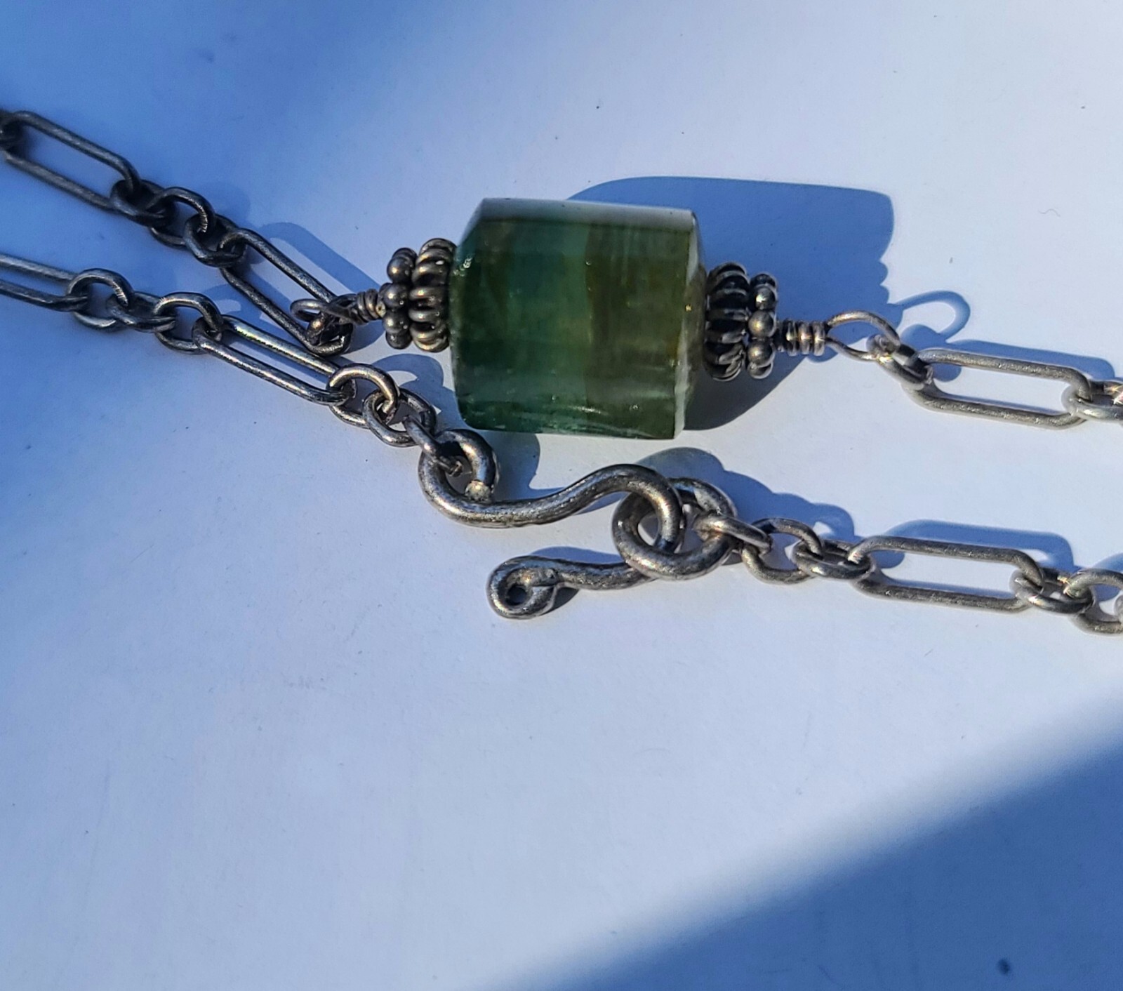 Vintage Sterling 925 Solid Silver Flourite Pendant Chain 17.75″ Necklace 3mm W