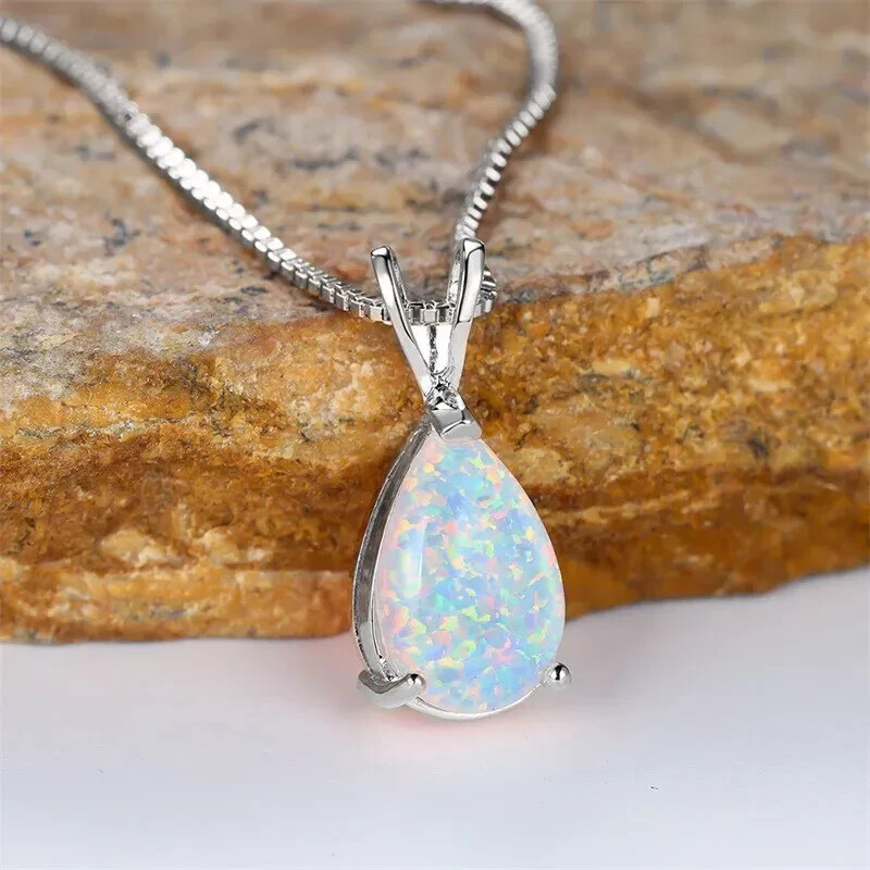 Teardrop White Fire Opal Pendant Sterling Silver Minimalist Dainty Necklace Gift