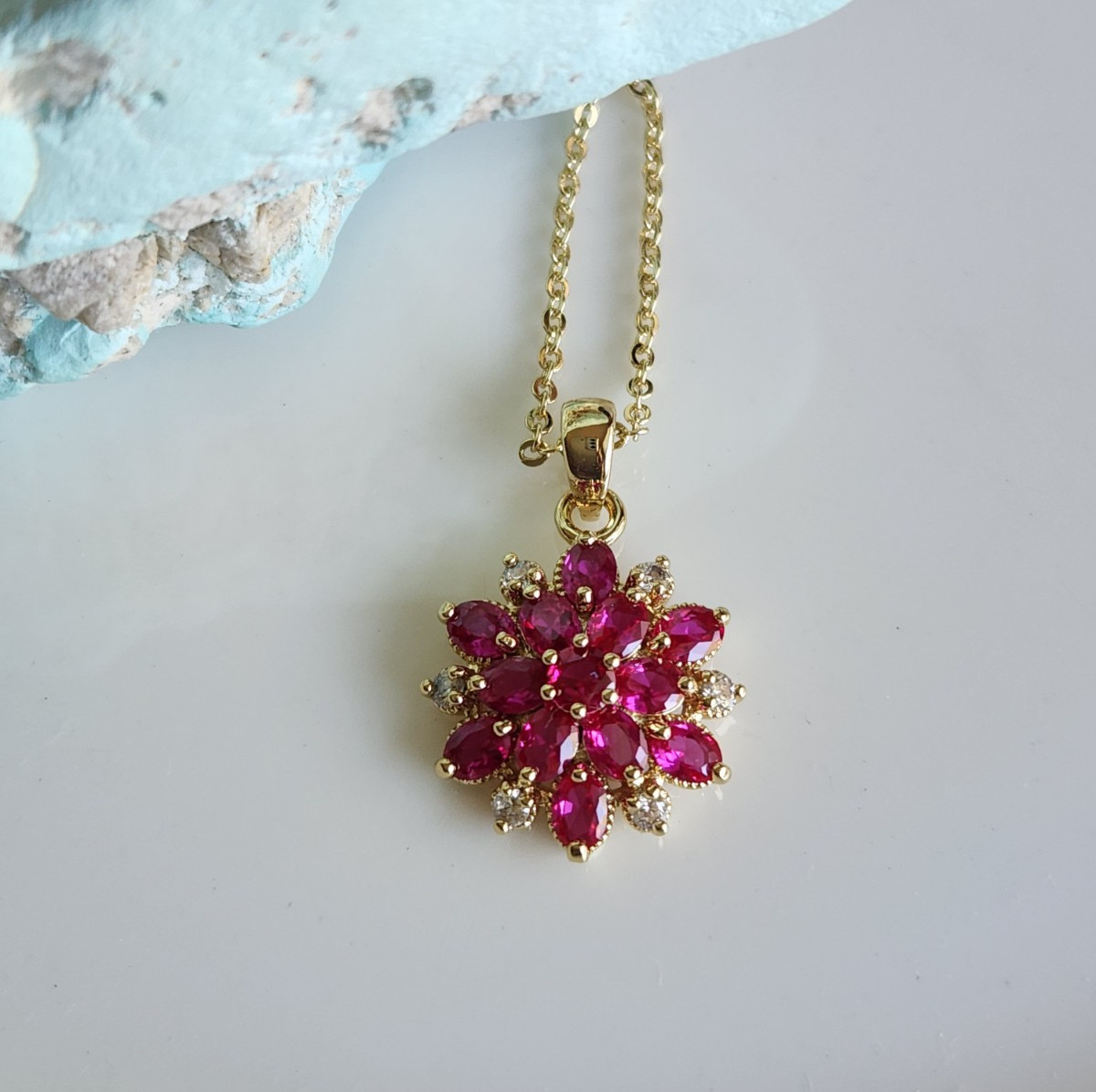 925 Sterling Sliver Natural 3x4mm Ruby Floral 17x26mm Pendant Free Chain