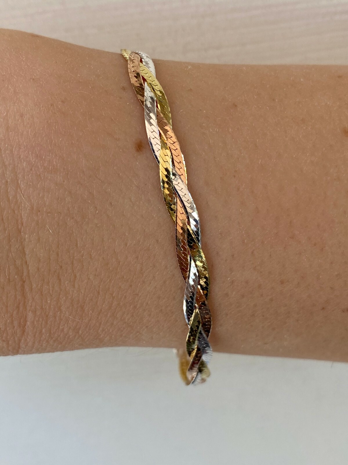 Solid 925 Silver Tri Color Yellow Rose Gold Plated Twisted Braided Herringbone