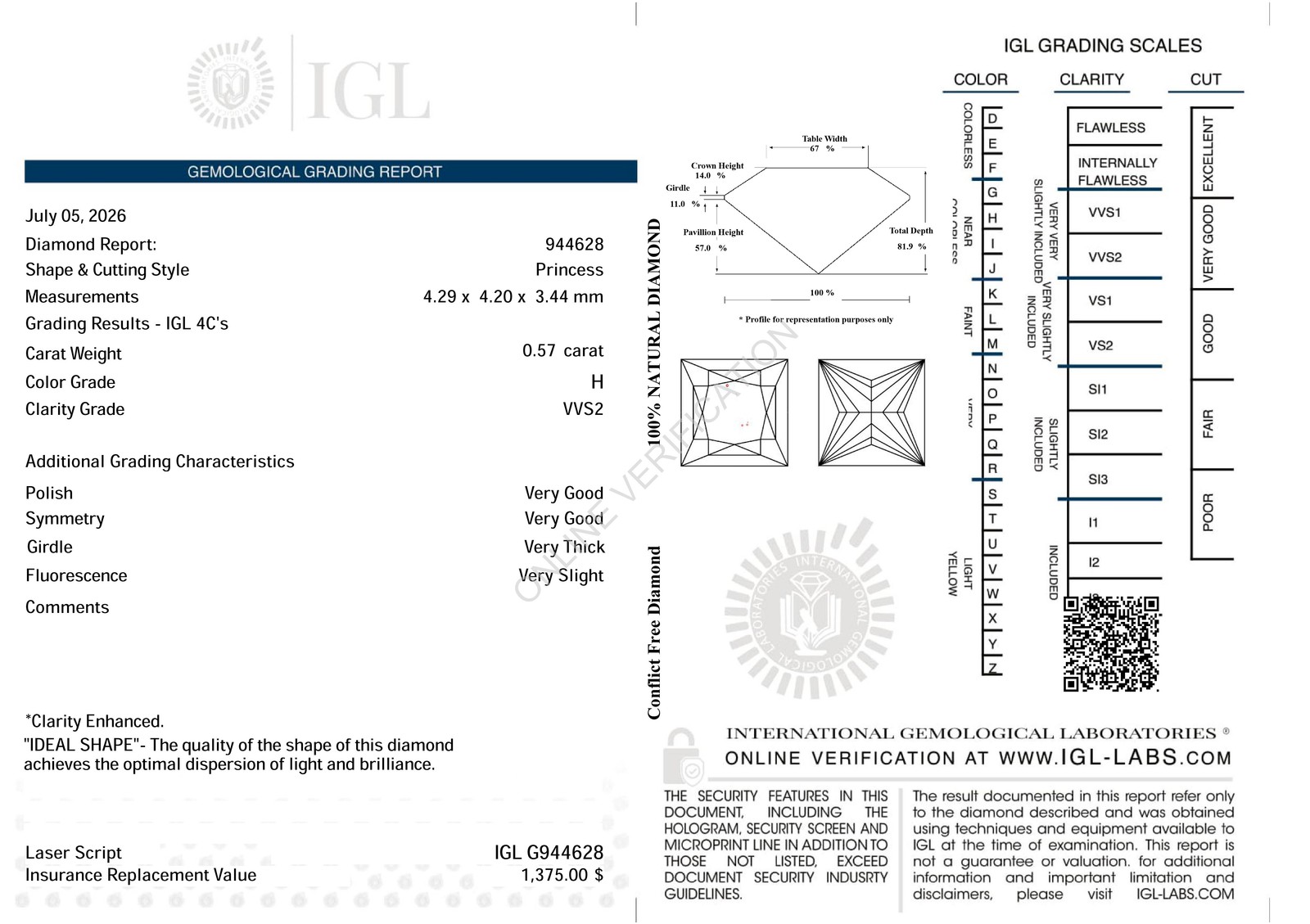 Certified 0.57 Carat H VVS2 Princess Natural Enhanced Loose Diamond 4.29×4.2mm
