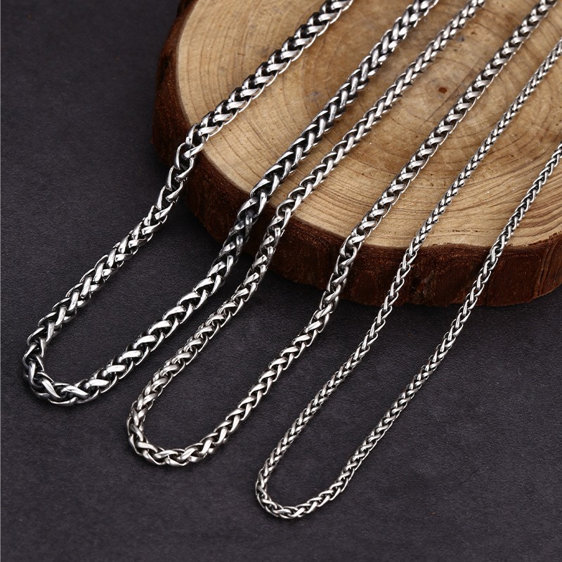 S925 Sterling Silver WHEAT SPIGA CHAIN Necklace Vintage Oxidized 2-4mm 20-26in