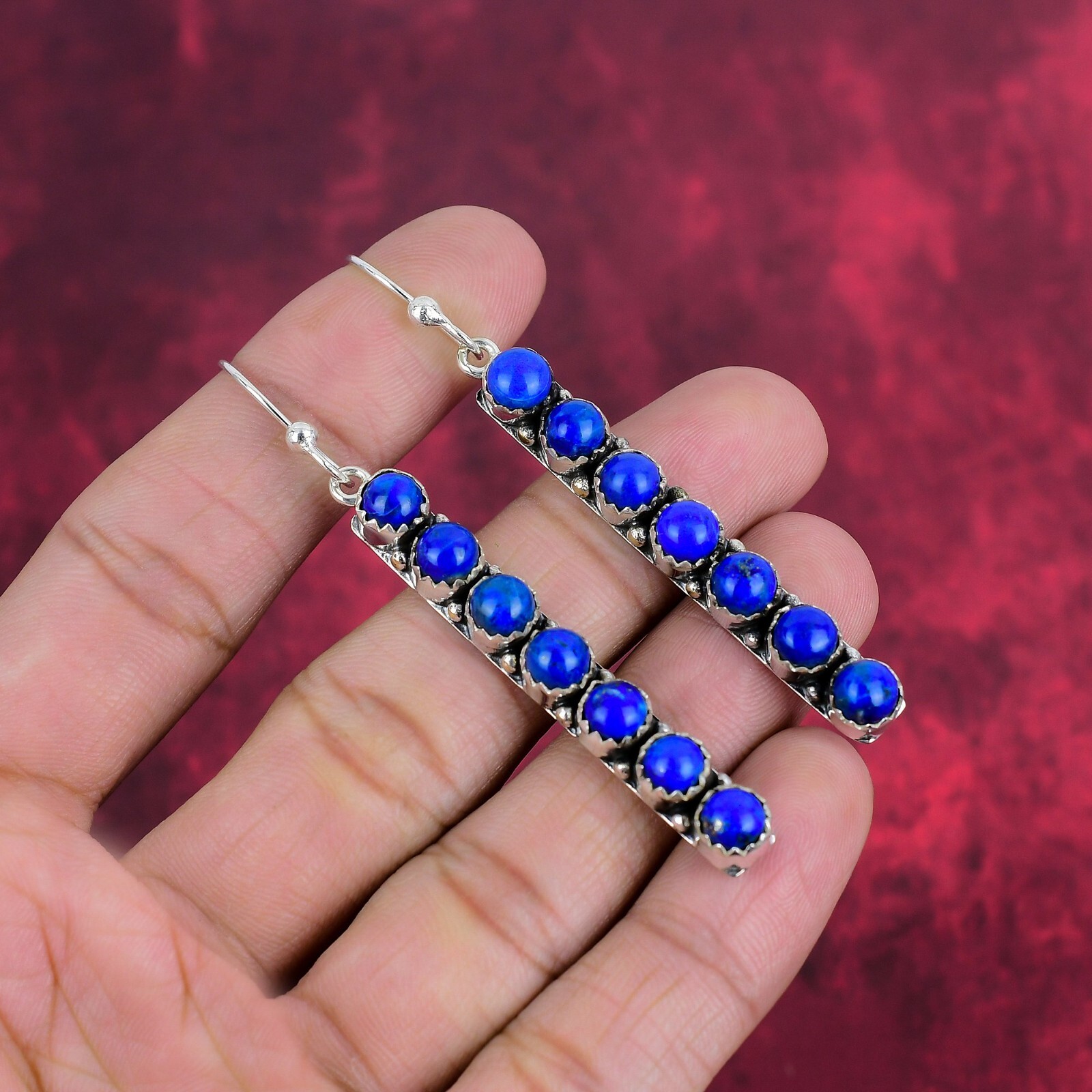 Lapis Lazuli Gemstone Handmade 925 Sterling Silver Designer Earrings Jewelry
