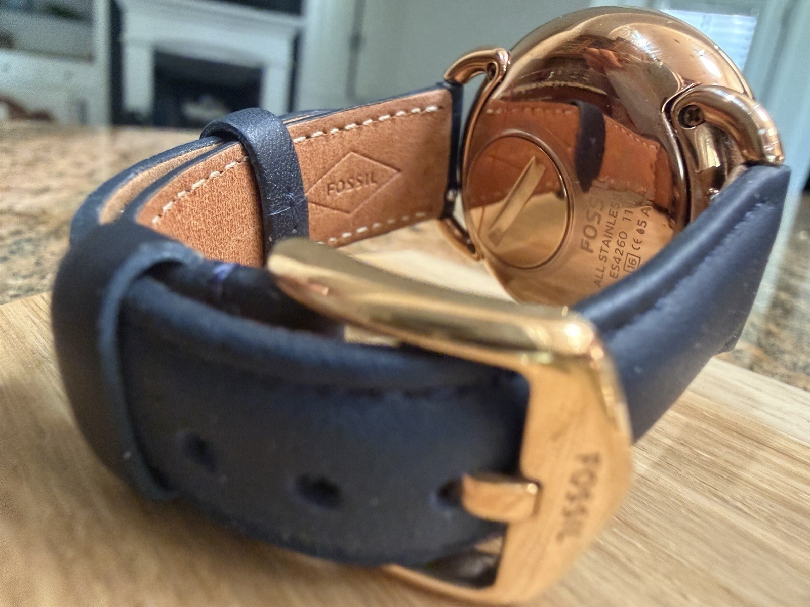 Fossil ES4260 Quartz Rose Gold Watch Silver Dial Blue Leather *Needs Battery*