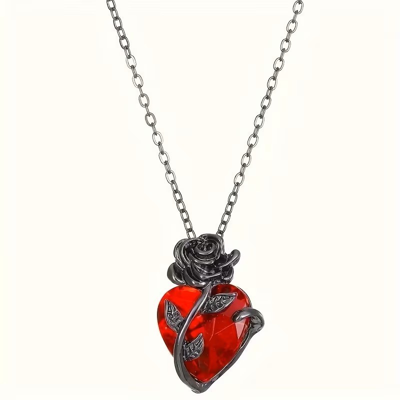 Black Rose Heart Pendant Necklace Gothic Romantic Love Gift Women Jewelry Cute
