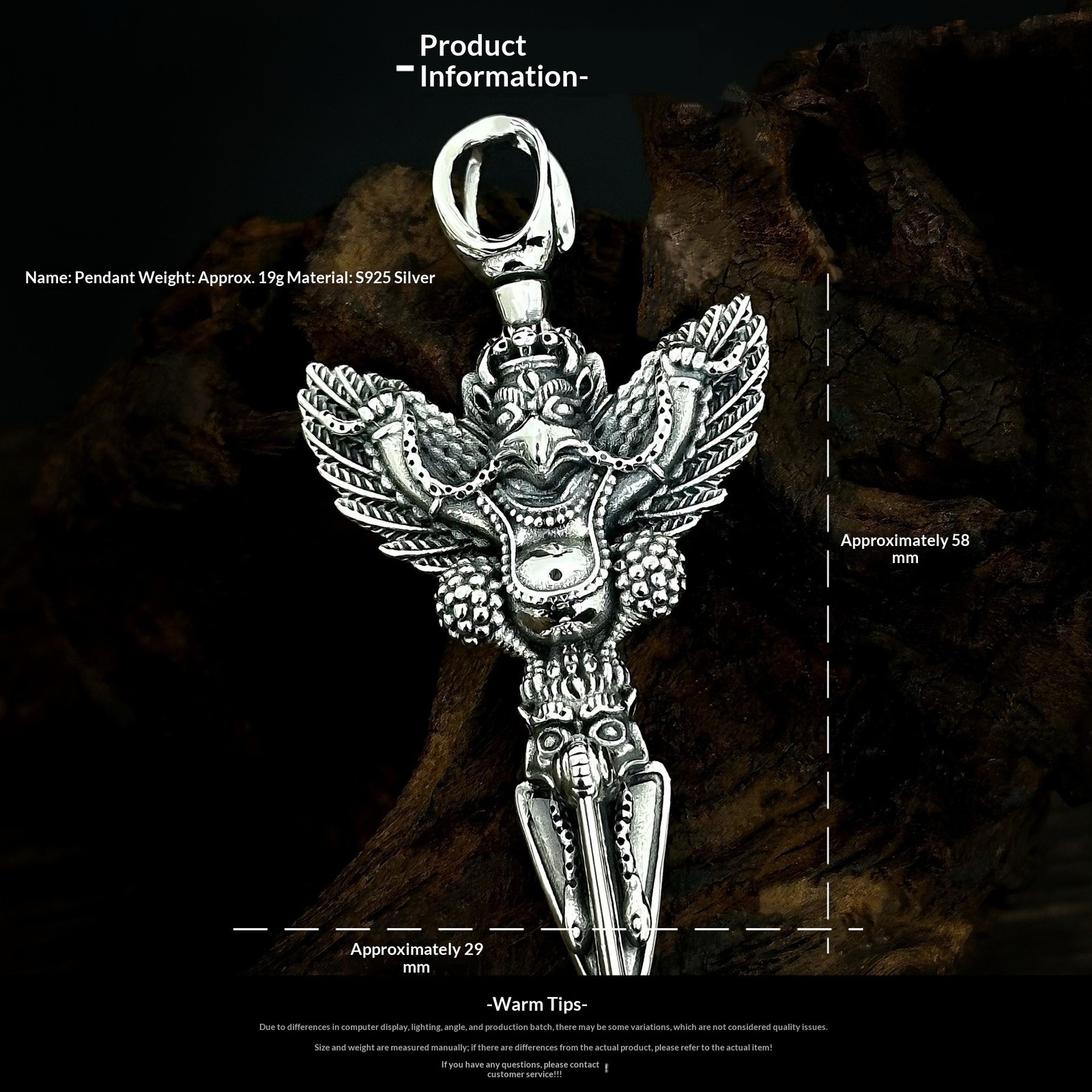 Solid 925 Silver Tibetan Garuda Phurba Dagger Pendant Mens Buddhist Amulet