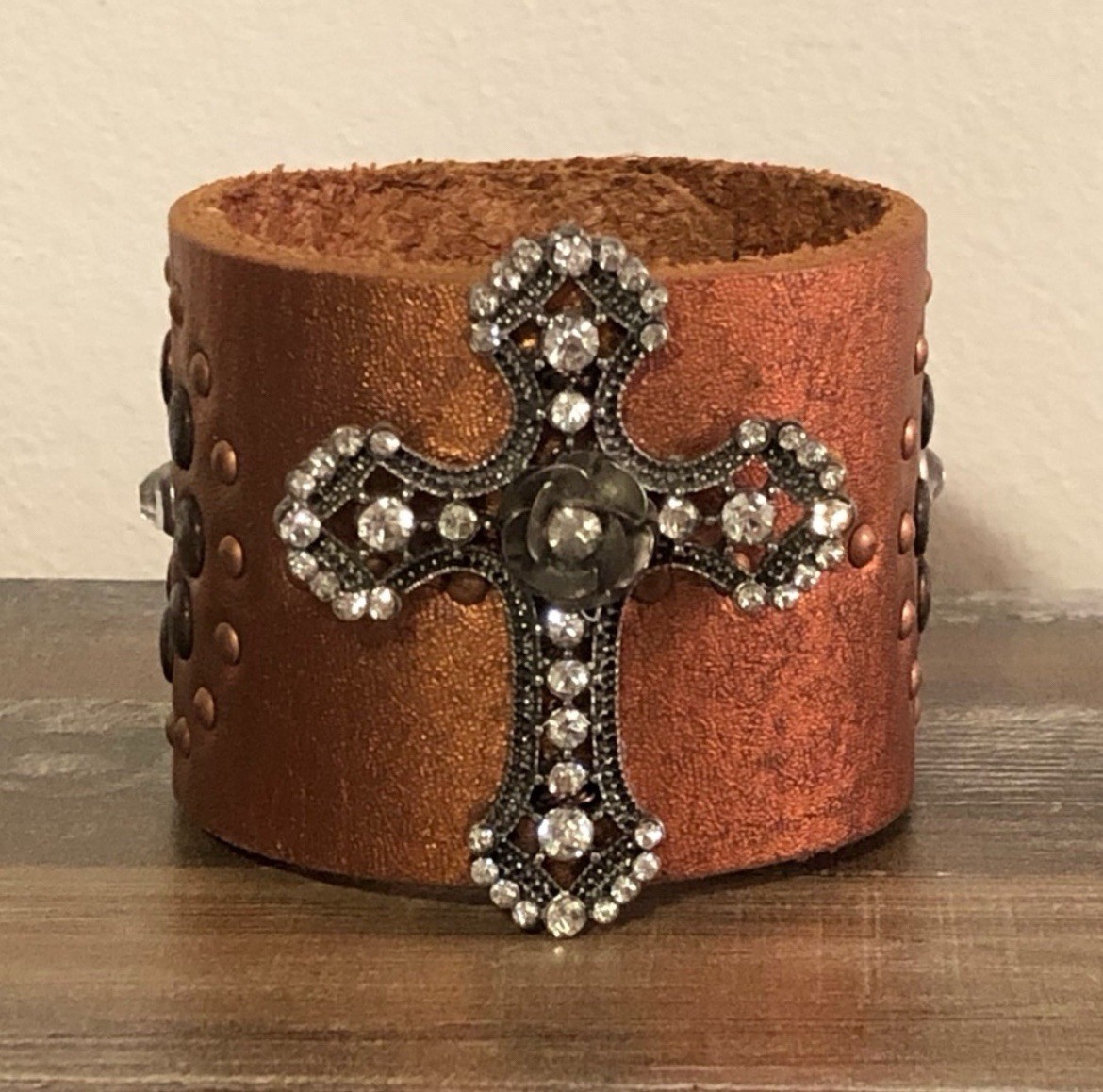 Custom Artisan Made One-of-a-kind Leather Cuff Bracelet Rhinestones Cross