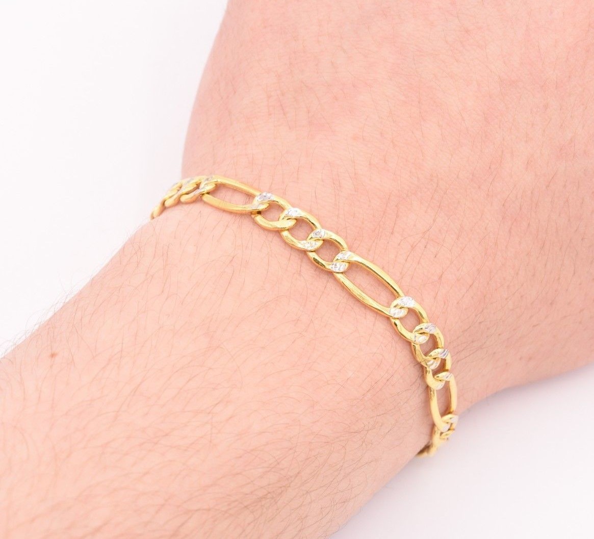 6.5mm Figaro Link Bracelet Pave Two Tone Real Genuine 10K Yellow White Gold