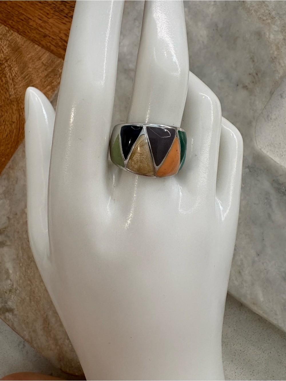 Multicolor Geometric Inlay Ring Green, Orange, Cream, Blue, Purple – Size 8.5