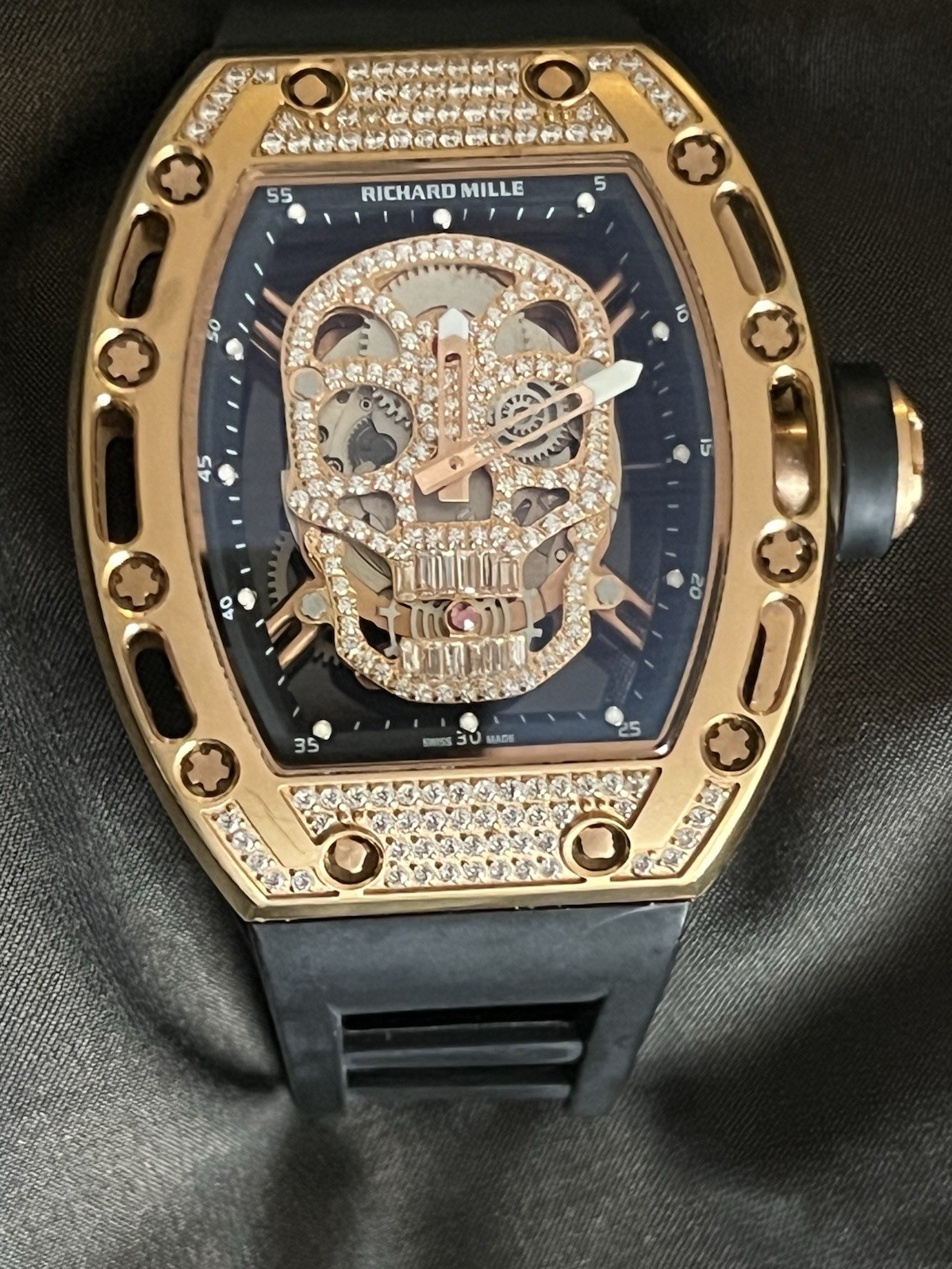 Richard Mille RM 052 Skull Skeleton Manual Mechanical Rose Gold 50m Black Strap