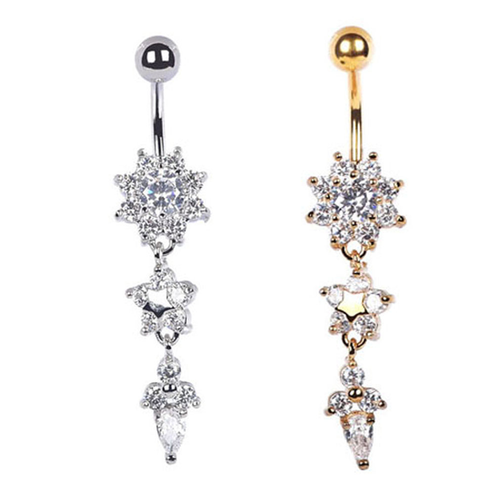 CZ Flower Belly Button Ring Surgical Steel Dangle Navel Bar Barbell Piercing 14g