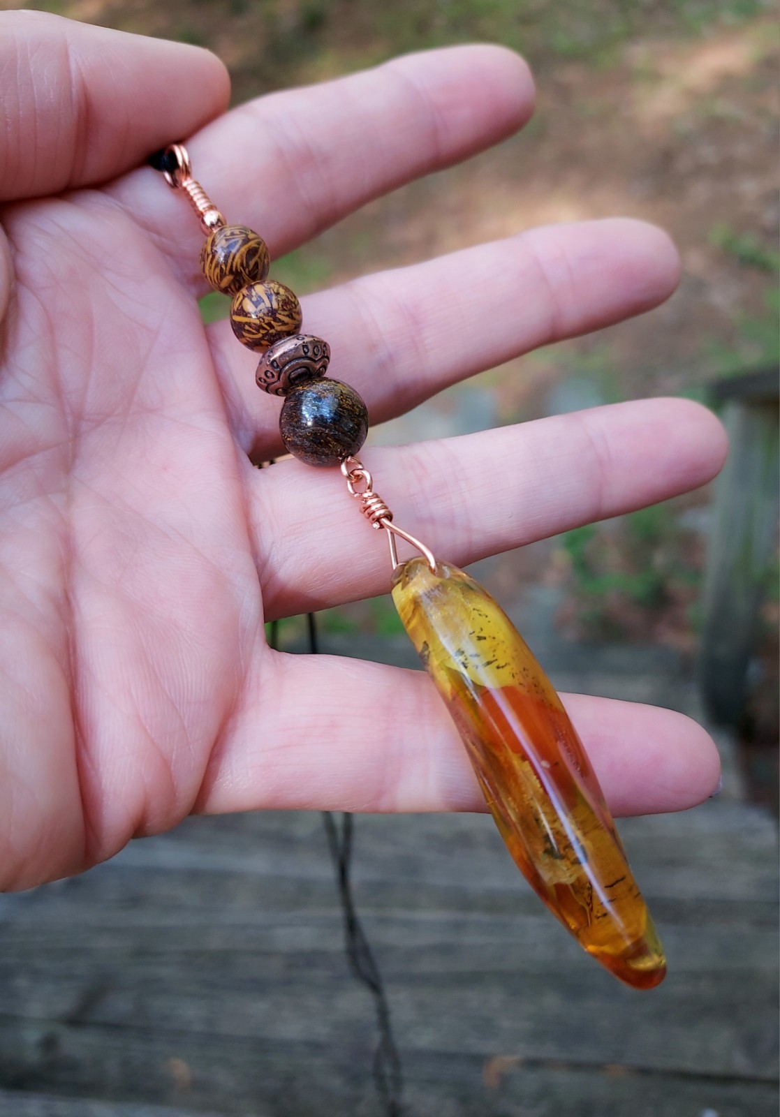 Baltic Amber Long Pendant With Brown Gemstones In Copper Artistic Hand Polished