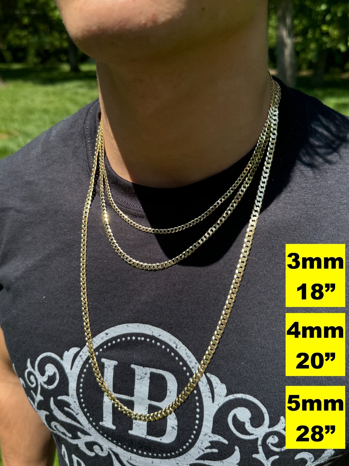 REAL Solid 925 Silver 14k Gold Plated Flat Cuban Link Chain Necklace 3mm – 11mm